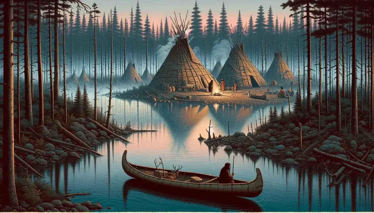 Serene dawn at a lakeside with an empty birchbark canoe, Algonquin people by a fire, wigwams, and grazing deer in a dense forest setting.