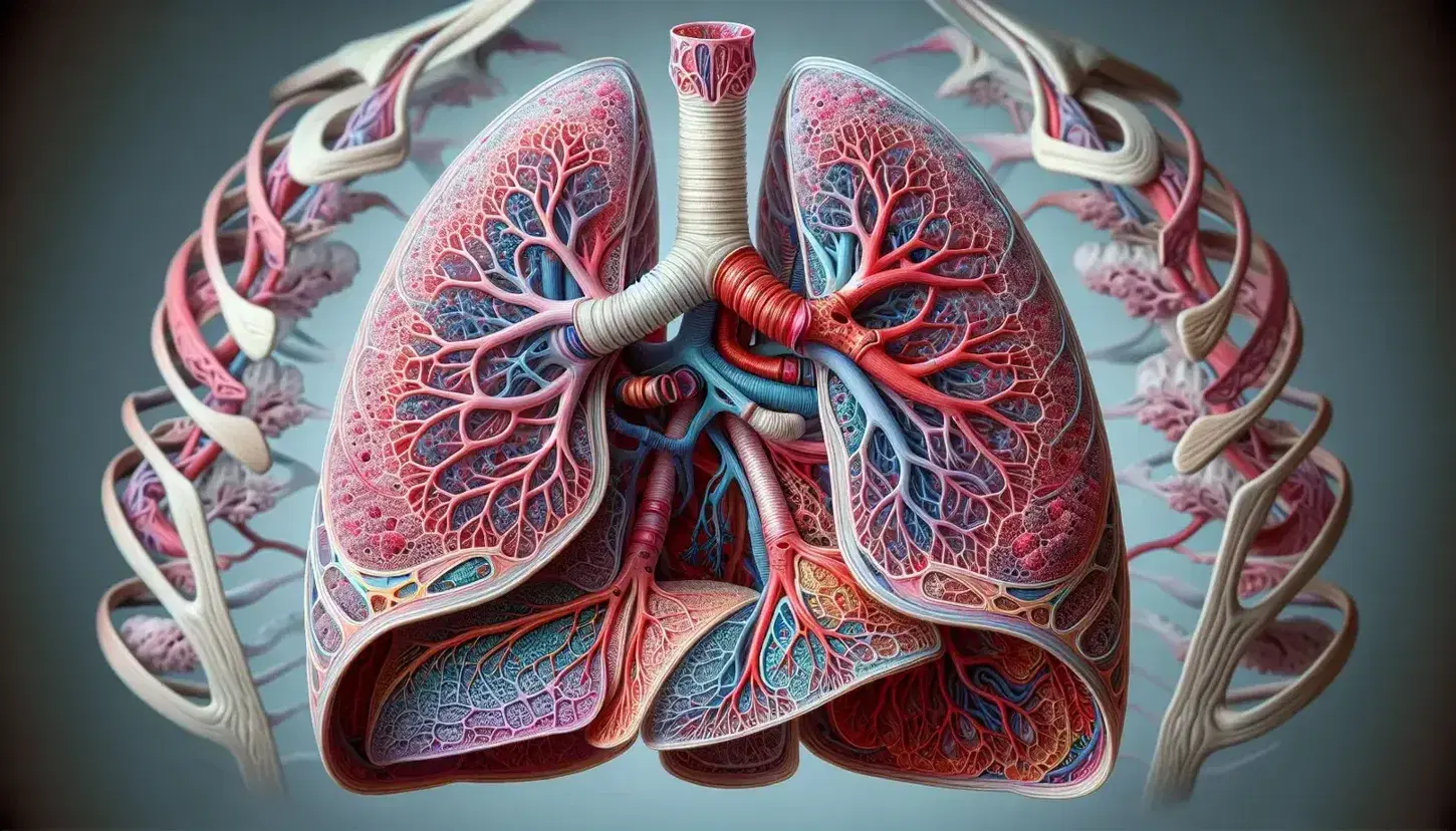 Sezione trasversale dettagliata di un polmone umano con bronchi, bronchioli, alveoli, vasi sanguigni e diaframma visibili.