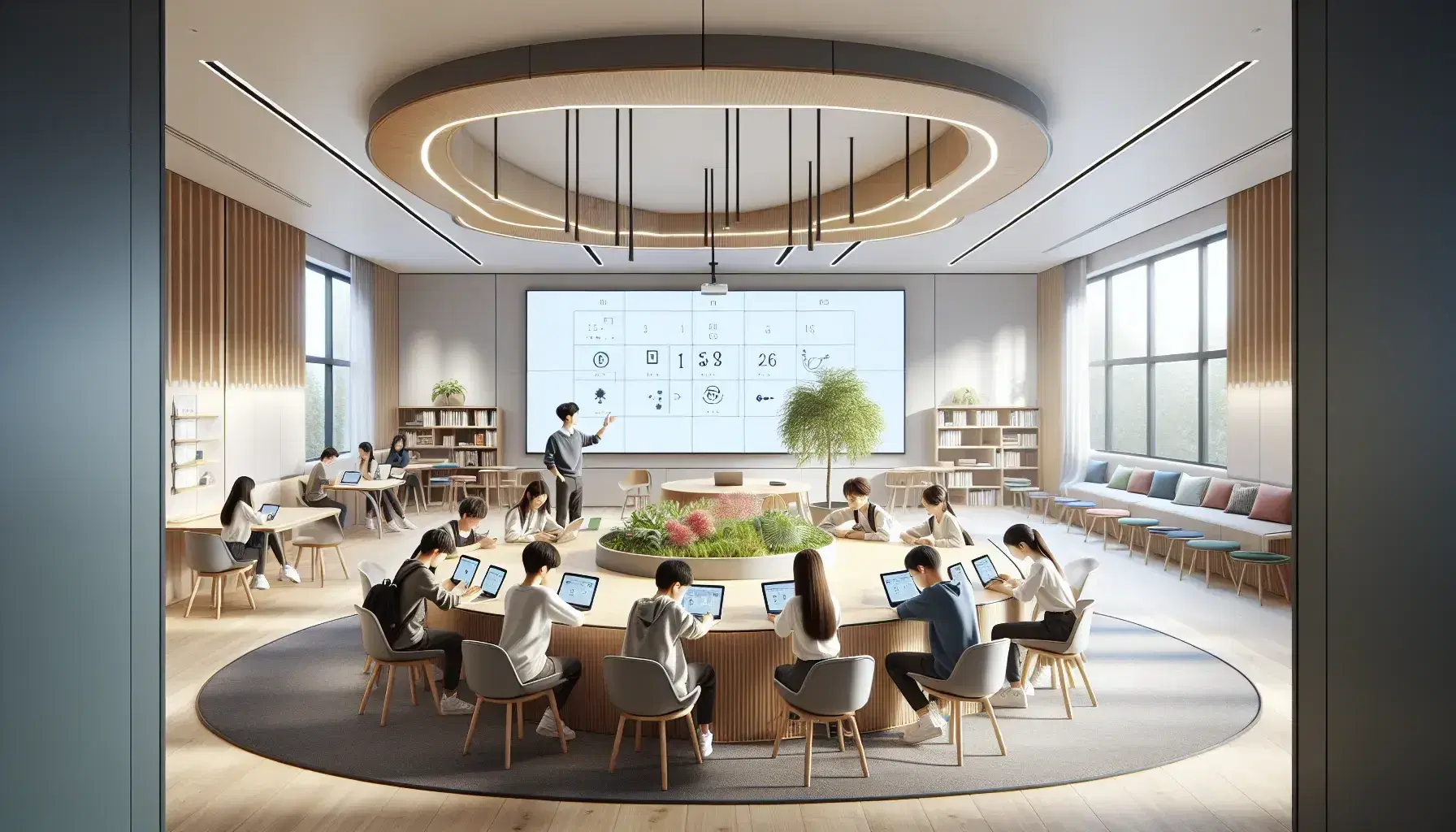 Aula moderna e luminosa con studenti e insegnante al tavolo ovale che usano dispositivi elettronici, parete con lavagna interattiva e angolo relax.