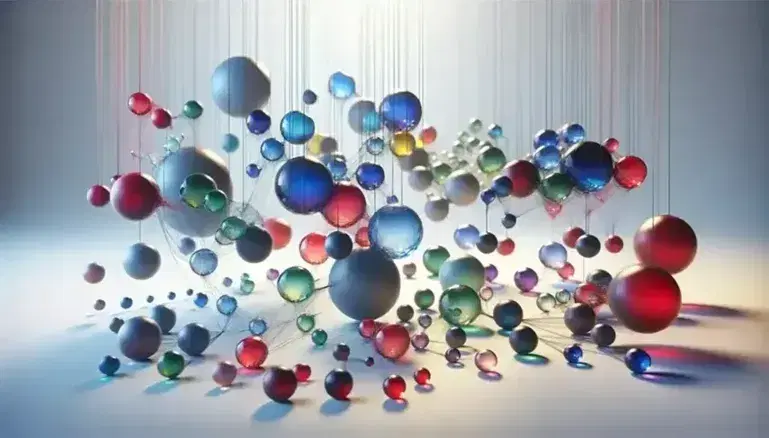 Sfere colorate sospese in rete tridimensionale con fili sottili e riflessi luminosi su sfondo neutro.
