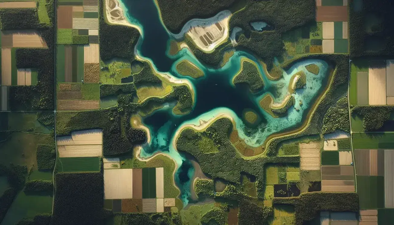Vista aérea de un paisaje natural con bosque denso, pradera, cuerpo de agua sereno y parcelas de cultivo, sin presencia de construcciones.