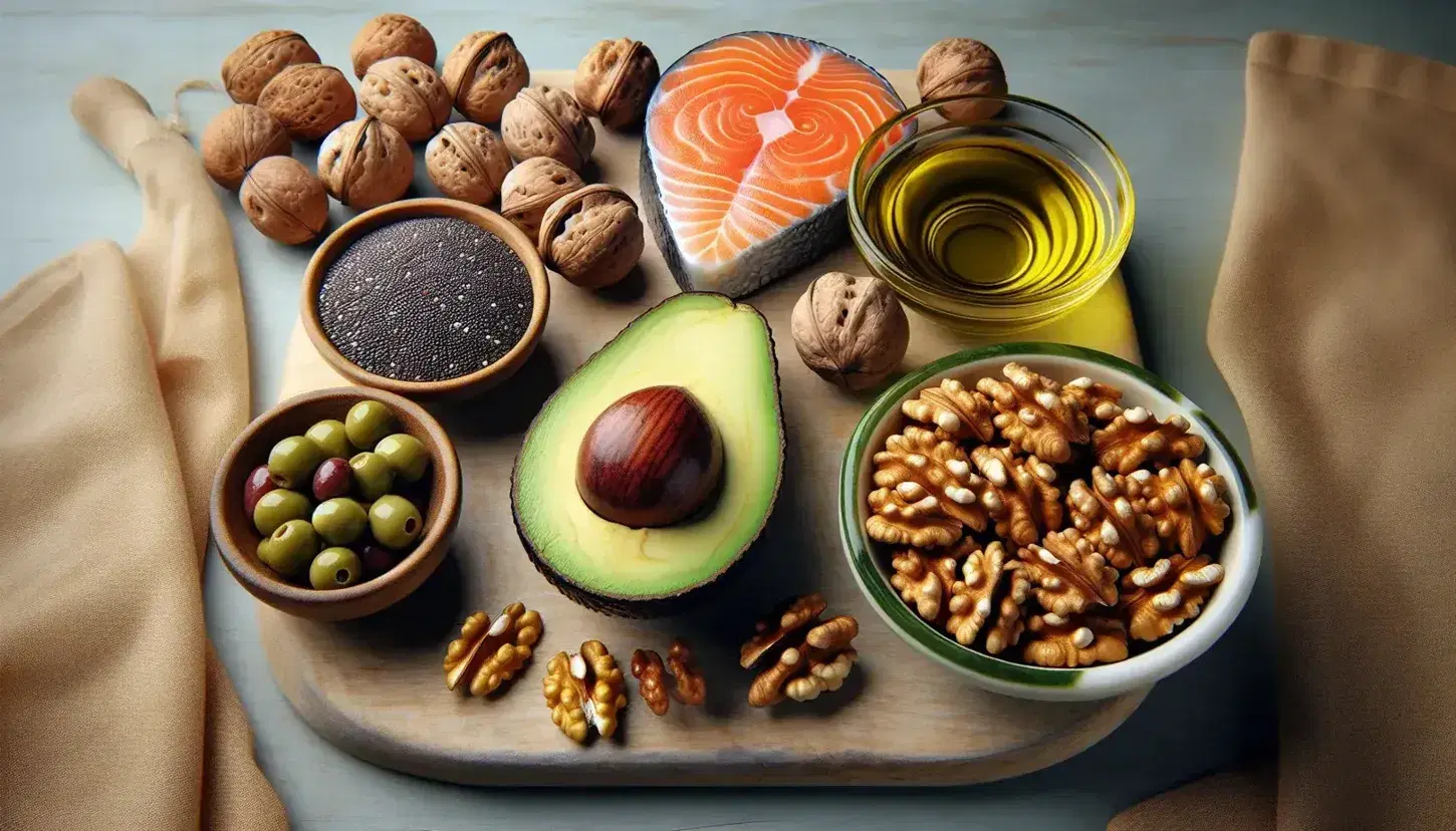 Variedad de alimentos saludables sobre superficie de madera con aguacate cortado, nueces, salmón, semillas de chía y aceitunas en recipientes, junto a aceite de oliva.