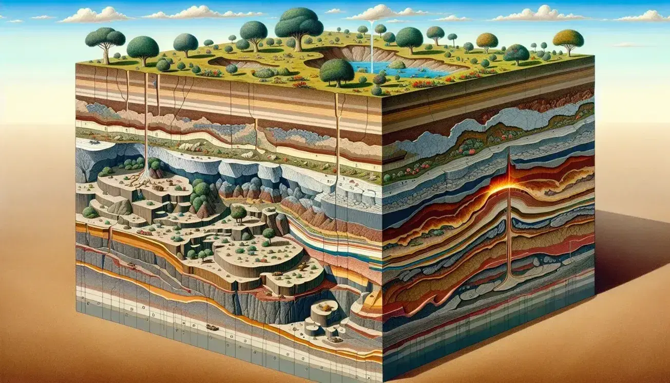 Sezione trasversale del paesaggio terrestre che mostra strati del suolo, rocce sedimentarie, ignee, metamorfiche e indizi di magma.