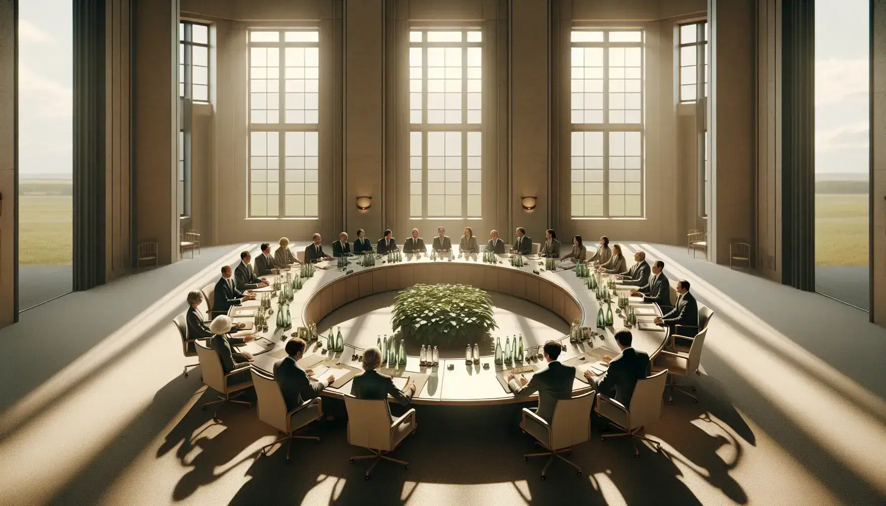 Diverse group of professionals in formal attire engaged in discussion around an oval table with notepads, pens, and indoor plants in a well-lit room.