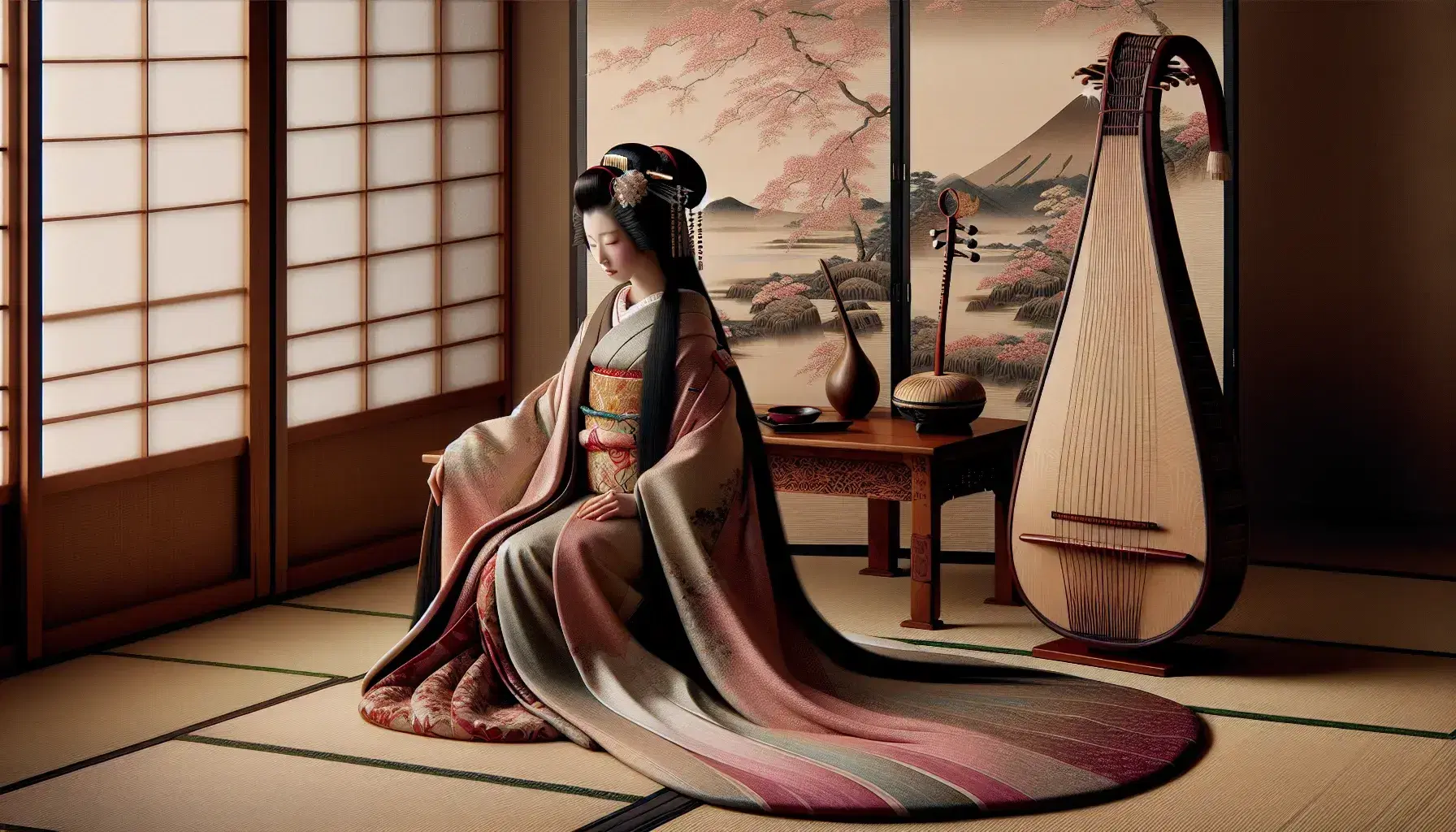 Heian period Japanese noblewoman in a gradient junihitoe kimono sits by a biwa, with a man holding a bamboo flute near a painted screen.