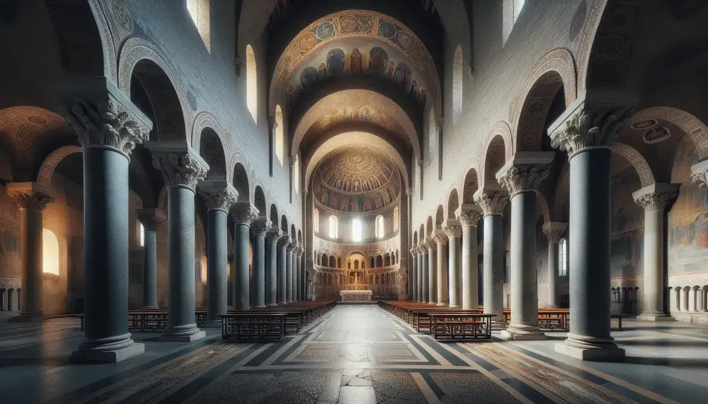 Interno della Basilica di Sant'Ambrogio a Milano, con colonne romaniche e capitelli scolpiti, navata centrale che conduce all'altare illuminato e affreschi nell'abside.