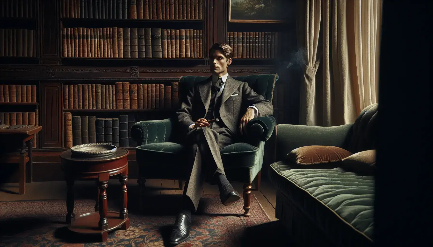 Uomo elegante in abito grigio del primo Novecento seduto su poltrona in velluto, con sigaro, in biblioteca vintage illuminata da luce soffusa.