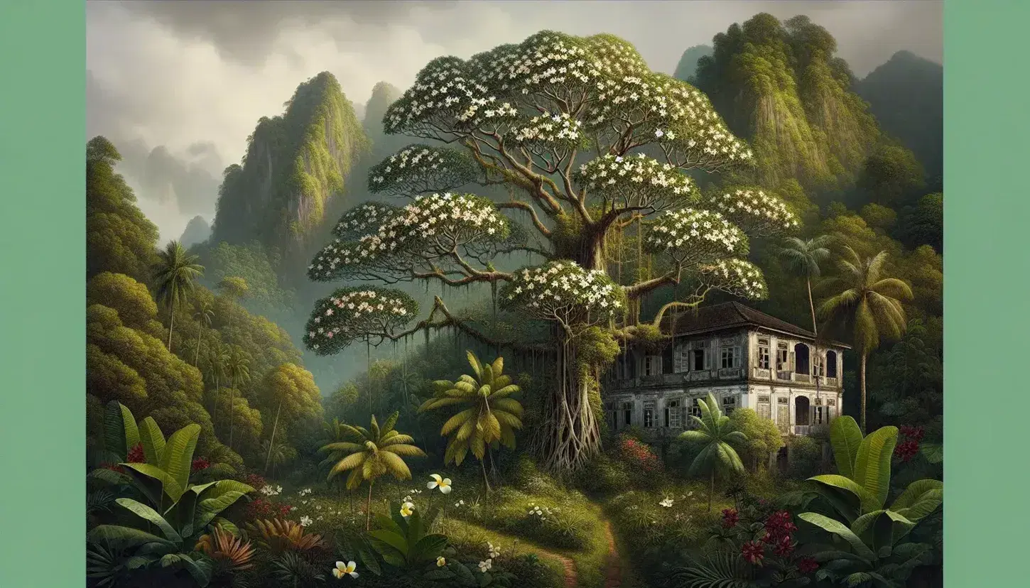 Lush tropical landscape with a blooming frangipani tree, a weathered colonial mansion, and misty mountain peaks under a clear blue sky.
