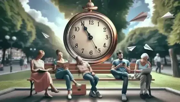 Orologio vintage segna le 10:10 su sfondo sfocato di parco cittadino con persone sedute su panchina, leggendo e usando smartphone.