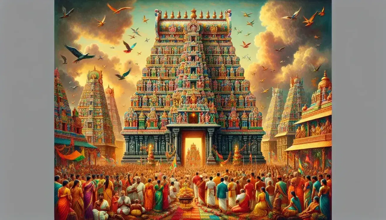 Tempio indù colorato con devoti in abiti tradizionali, offerte floreali e lampade durante festività, sotto cielo sereno.