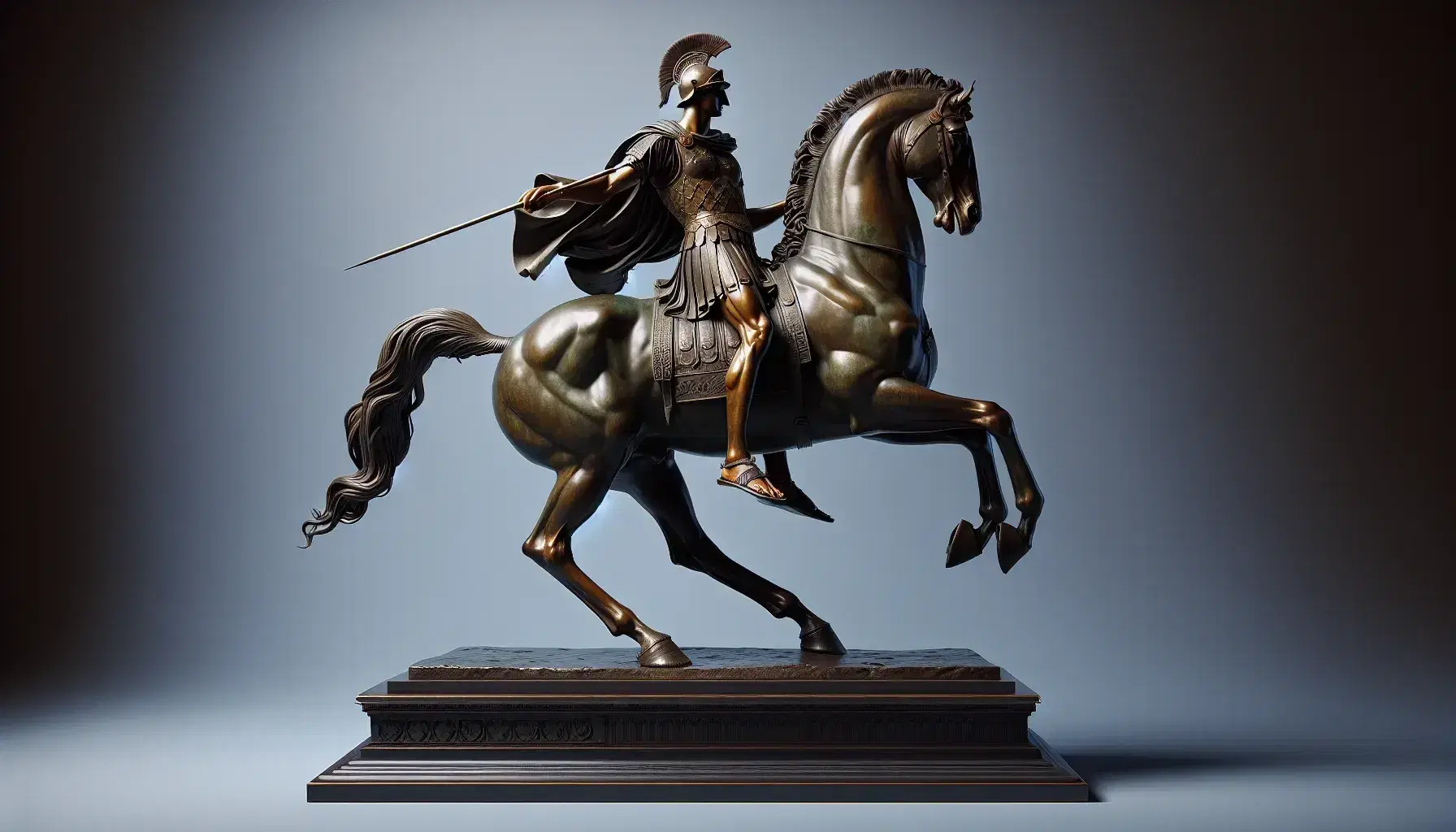 Statua in bronzo di uomo in armatura su cavallo rampante con lancia alzata, elmo crestato e mantello al vento, evocando forza e nobiltà.