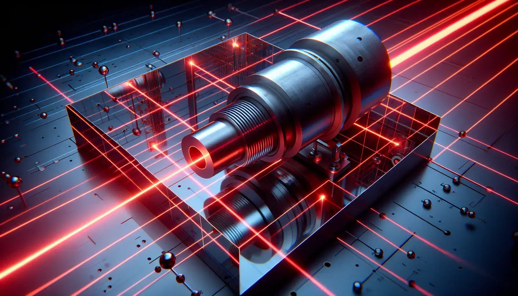 Laser beam emitted from a cylindrical device, split by an optical beam splitter, and redirected by mirrors in a physics lab setup.