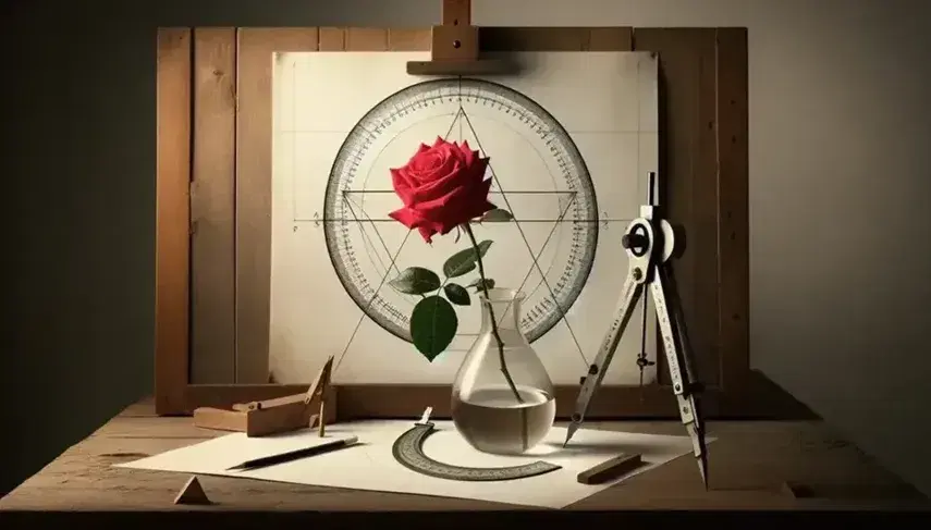 Still life with submerged red rose in glass vase, detailed pencil-drawn geometric shapes on paper, scattered colored pencils, and drawing tools on wooden surface.