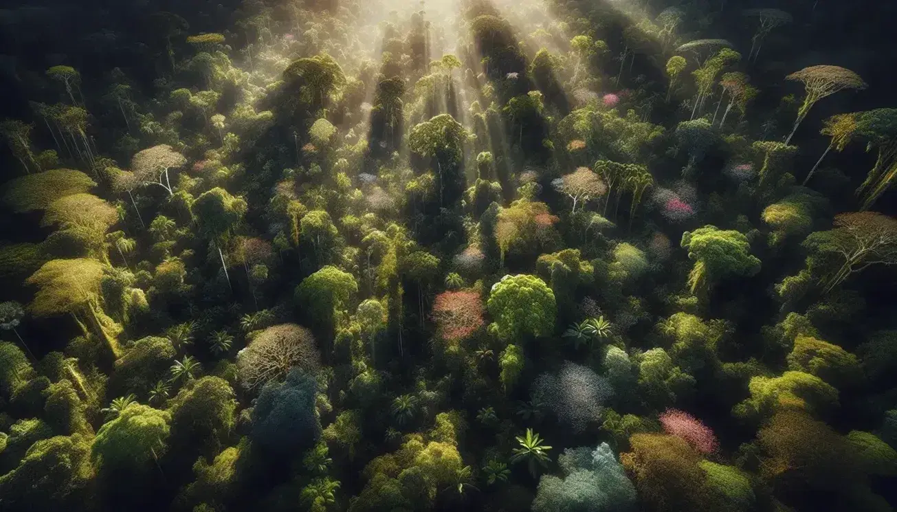 Vista aerea di una foresta pluviale rigogliosa con chiome di alberi in sfumature di verde, fioriture colorate, ruscelli serpeggianti e giochi di luce solare.