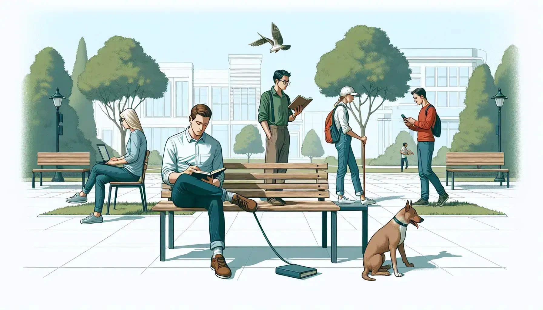 Grupo de cinco personas disfrutando de actividades al aire libre en un parque urbano con bancos de madera, árboles verdes y edificios bajos al fondo en un día soleado.