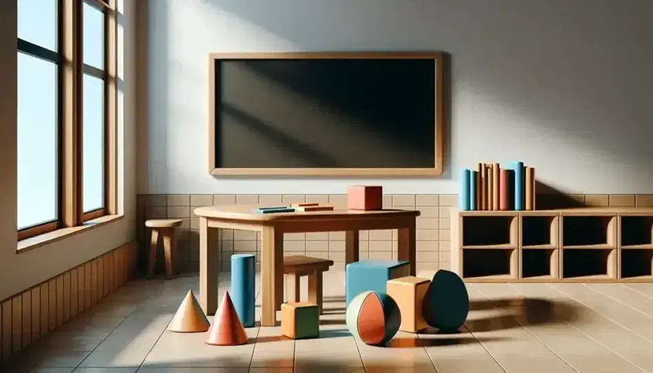 Aula luminosa con mesa de madera y figuras geométricas 3D, pizarra limpia, estantería con libros y ventana con vista a árboles.