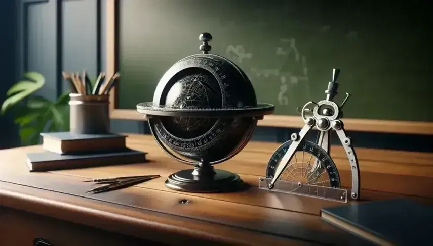 Vintage scientific instruments on a wooden desk with an astrolabe, protractor, and compasses against a clean chalkboard and a potted plant background.