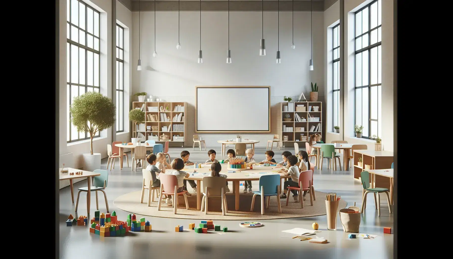 Aula luminosa con niños diversos alrededor de mesa redonda con bloques de construcción y lápices de colores, pizarra blanca y estantes con libros al fondo.