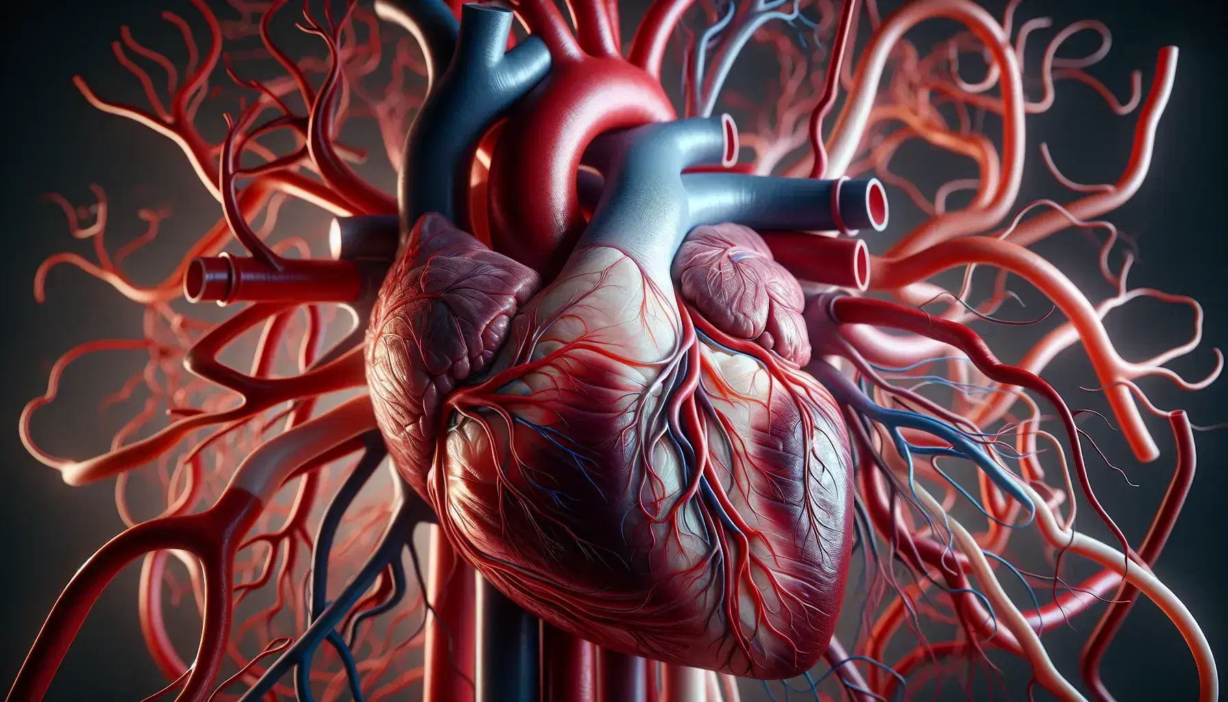 Modelo anatómico detallado de un corazón humano con cámaras y vasos sanguíneos en tonos rojos y azules sobre fondo neutro, destacando la complejidad del sistema circulatorio.