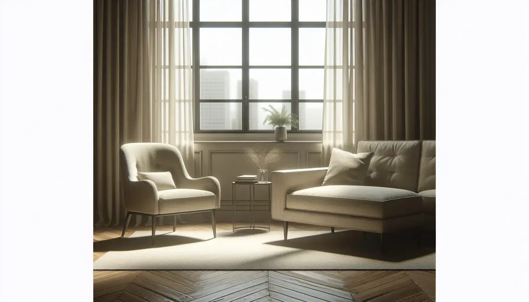 Serene therapeutic office with beige armchair, matching sofa, wooden coffee table, green plant and abstract painting, natural light.