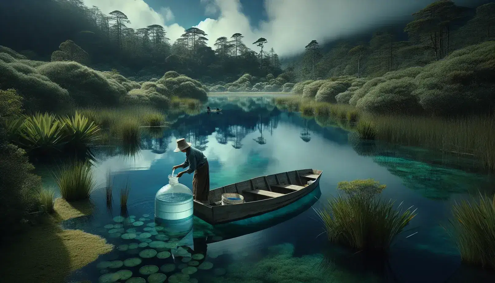 Asian woman collects water in a clear container on a calm lake surrounded by lush greenery and a rowboat in the distance.
