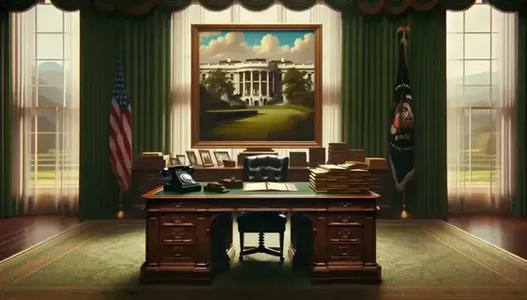 Elegant dark wood desk with vintage rotary phone, leather-bound book, and papers, high-backed chair, and neoclassical building painting in a room with green drapes.