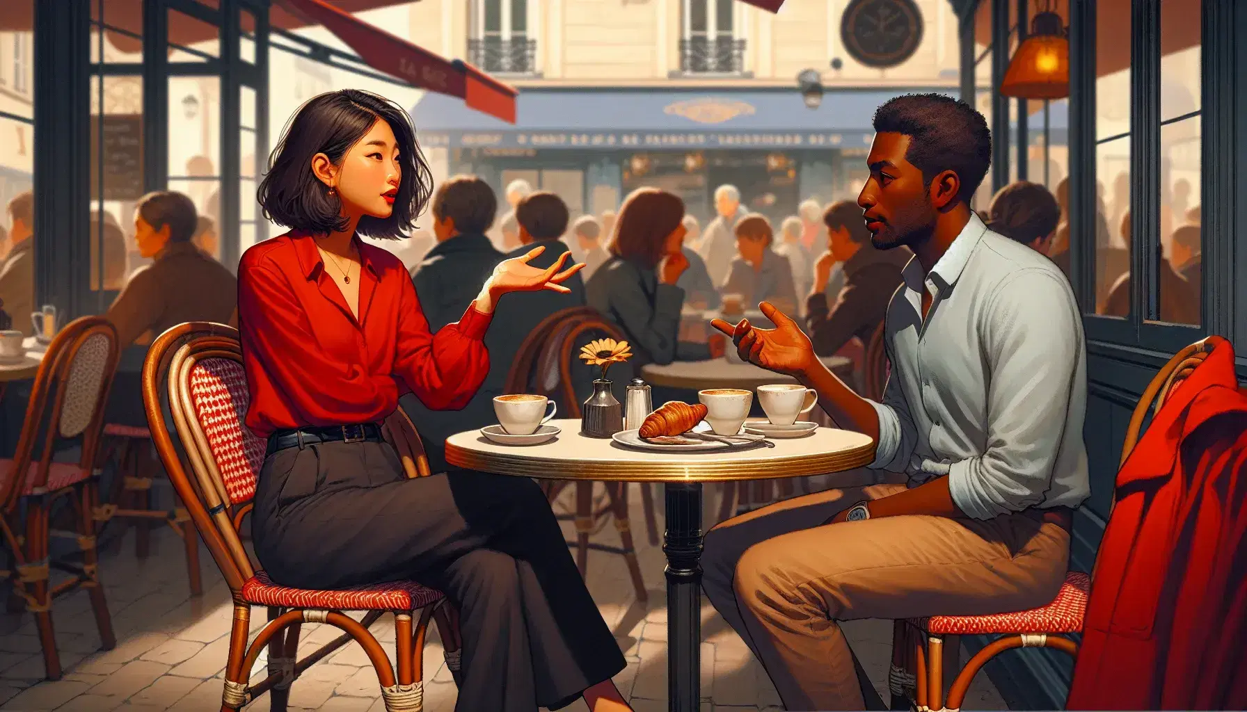East Asian woman in red blouse and man in blue shirt converse over coffee at a Parisian café, with a sunflower and croissant on the table.