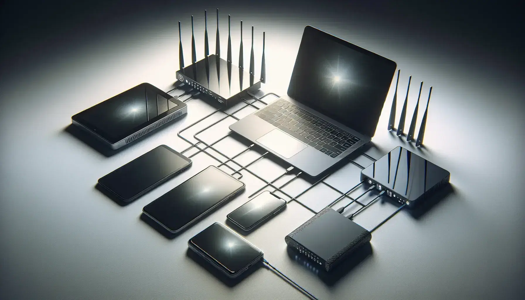 Laptop abierto con pantalla encendida, smartphone con funda negra y tablet apagada junto a un router inalámbrico con antenas en superficie clara.