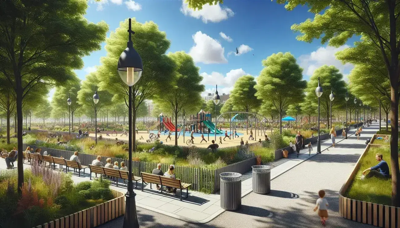 Parco cittadino soleggiato con prato verde, alberi frondosi, persone sedute su panchine, sentiero ghiaiato, area giochi colorata e anatre in uno stagno.