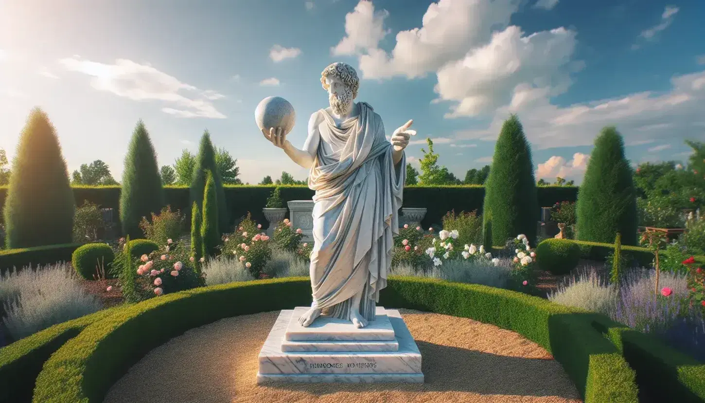 Escultura de mármol blanco de filósofo antiguo con esfera en mano, en jardín con flores bajo cielo azul.