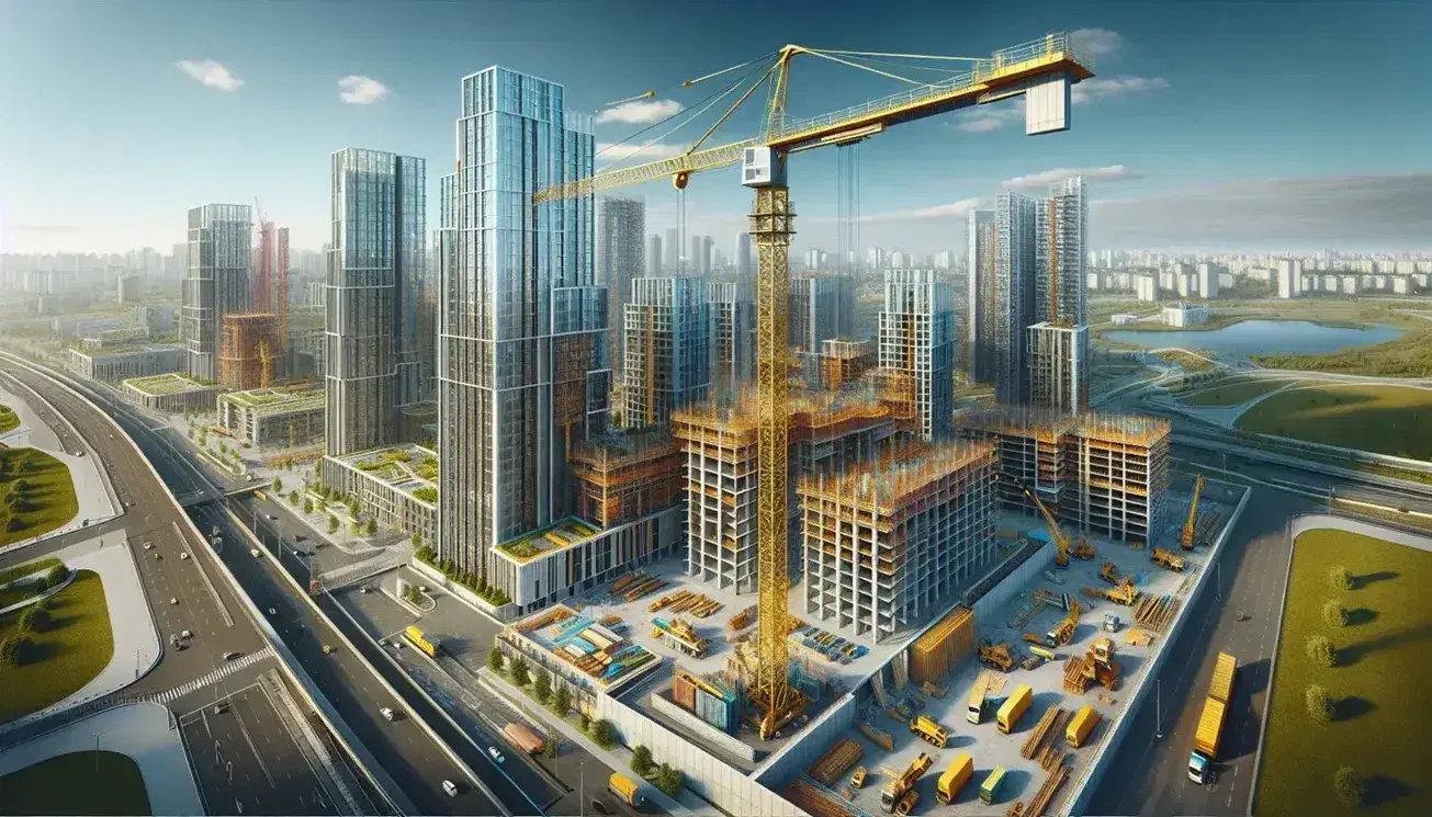 Paisaje urbano en construcción con grúa torre amarilla, edificios modernos en diferentes fases y trabajadores con cascos bajo un cielo azul claro.