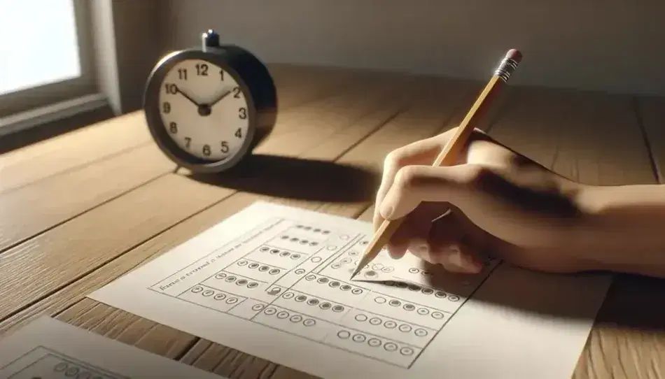 Mano sosteniendo un lápiz sobre hoja en blanco con círculos para marcar opciones, junto a pila de hojas y reloj de pared desenfocado en fondo.