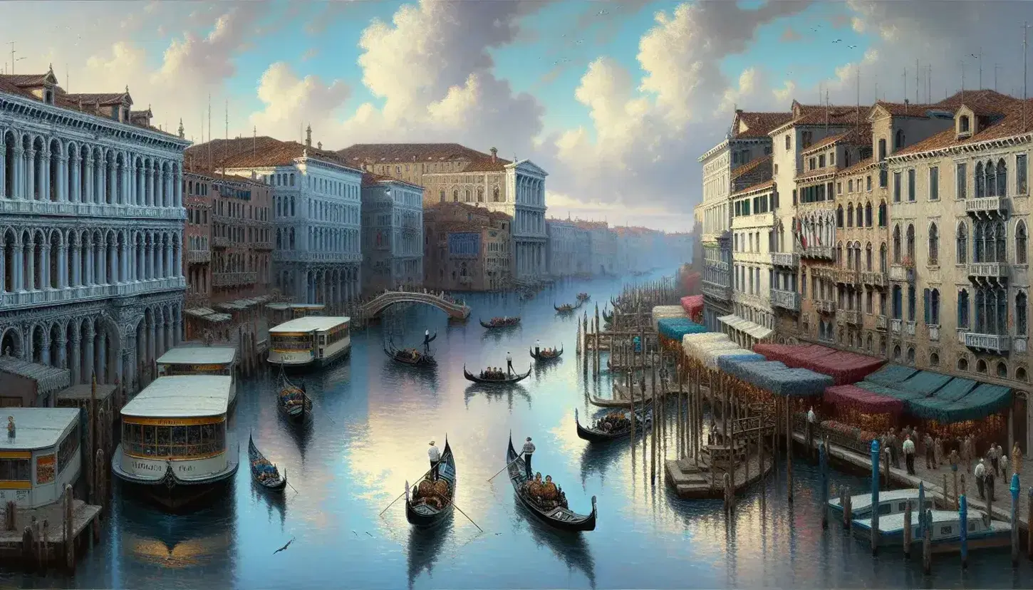 Vista panoramica del Canal Grande a Venezia con gondole, gondolieri in abiti tradizionali e storici edifici color ocra lungo le rive.