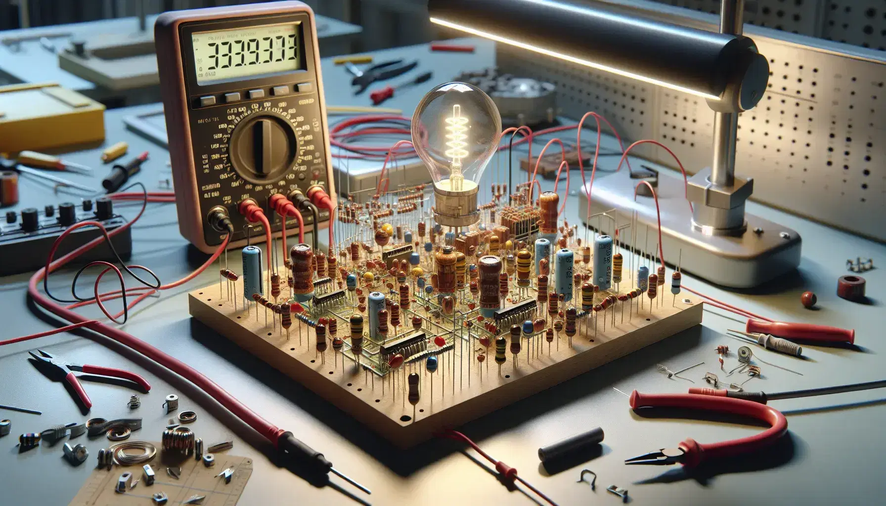 Banco di lavoro in laboratorio di fisica con circuito elettrico, resistenze, condensatori, fili e multimetro digitale, lampadina accesa.
