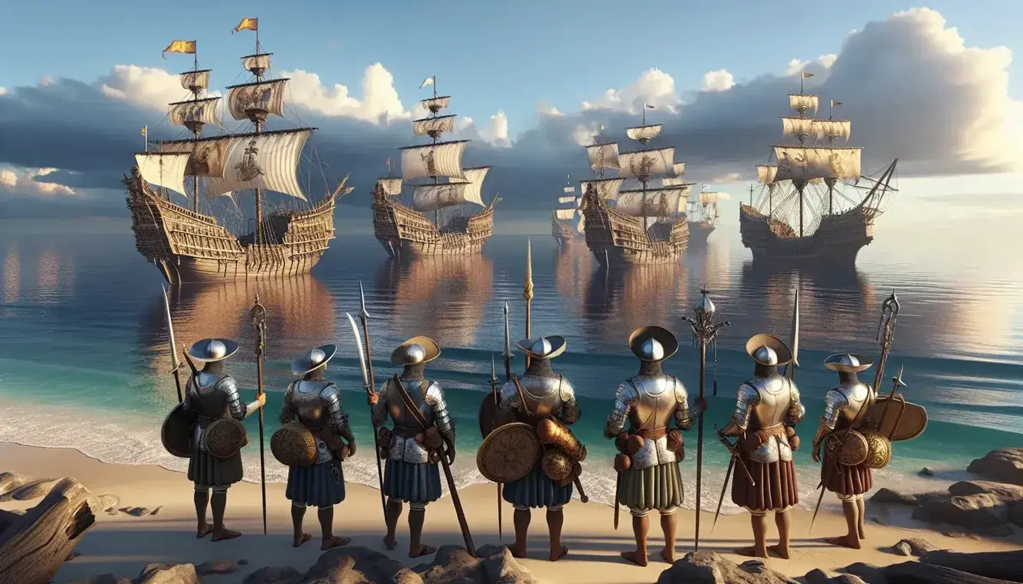 Spanish conquistadors in armor stand on a beach, gazing at anchored galleons in the sea under a gradient blue sky, evoking the age of exploration.