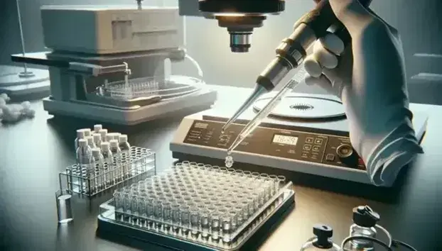 Close-up of a laboratory bench with a gloved hand using a pipette to transfer liquid into a microplate, with centrifuge and microscope in the background.