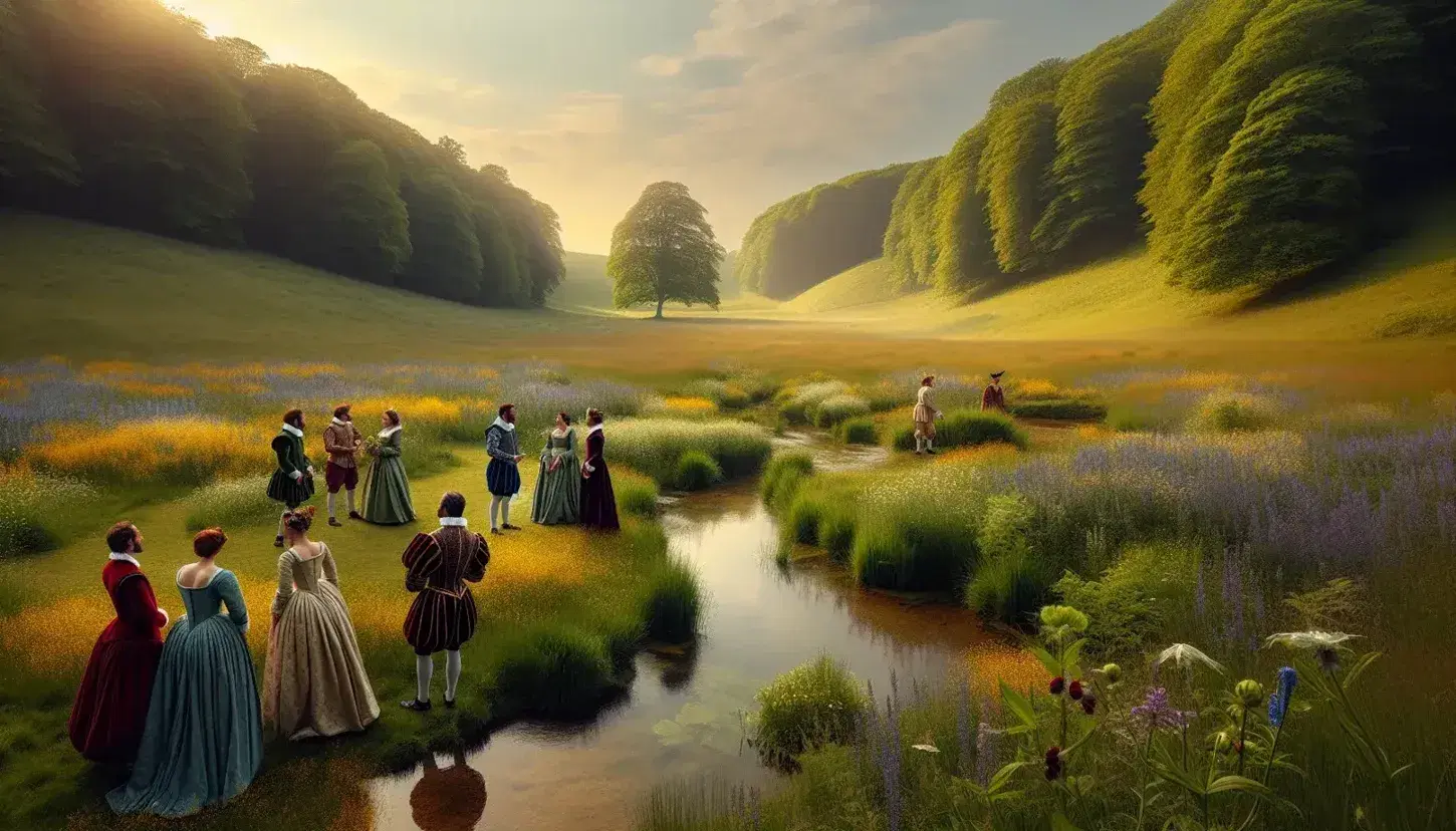 Natural landscape with green meadow, wild flowers and stream, actors in Elizabethan costumes act under a clear sky.