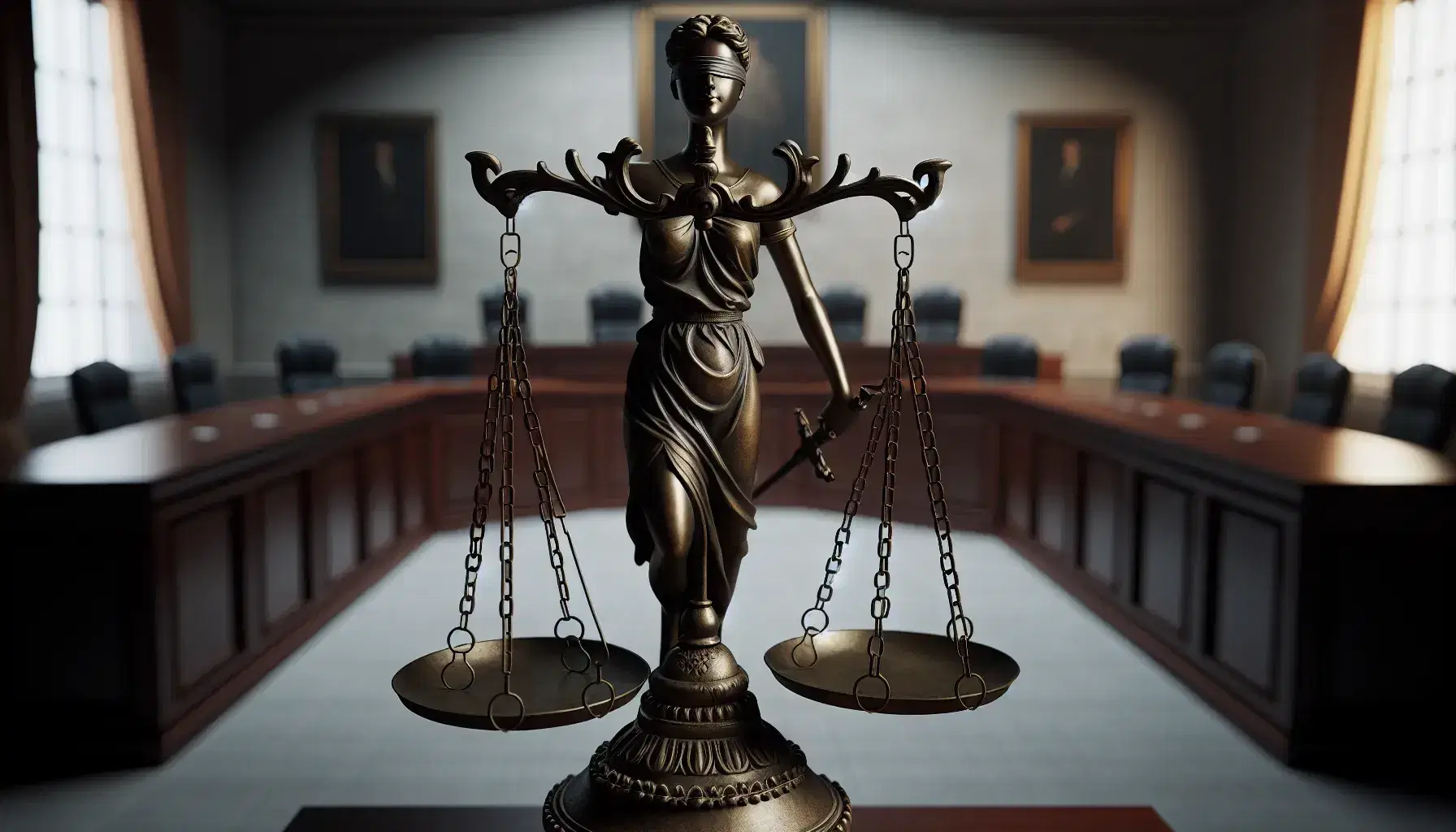 Bilancia della giustizia in bronzo bilanciata con figura femminile bendata, in aula di tribunale sfocata con sedie in legno.