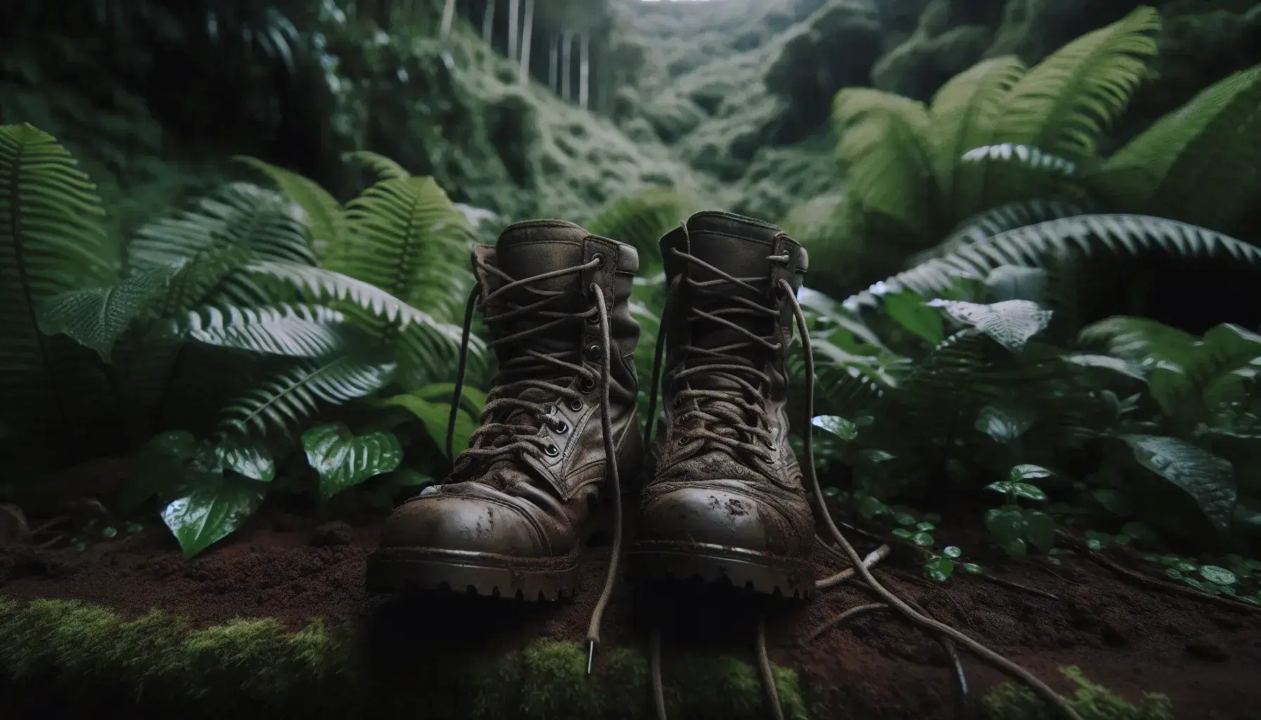 Worn combat boots with frayed laces on forest floor, surrounded by dense green foliage, indicating heavy outdoor use in a natural setting.