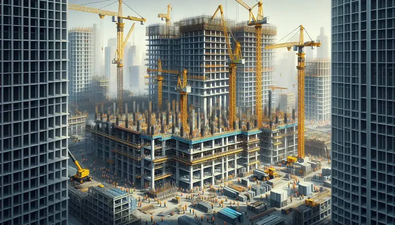 Active construction site with yellow cranes, silver scaffolding, workers in safety gear, and a city skyline backdrop under a clear blue sky.