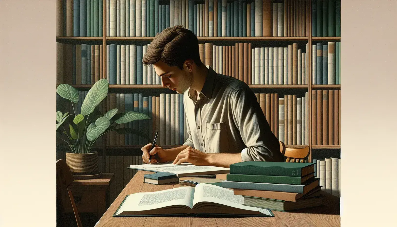 Person writing in notebook at desk with closed textbook, casual attire, beside a bookshelf with various books and a potted plant, in a warmly lit study space.