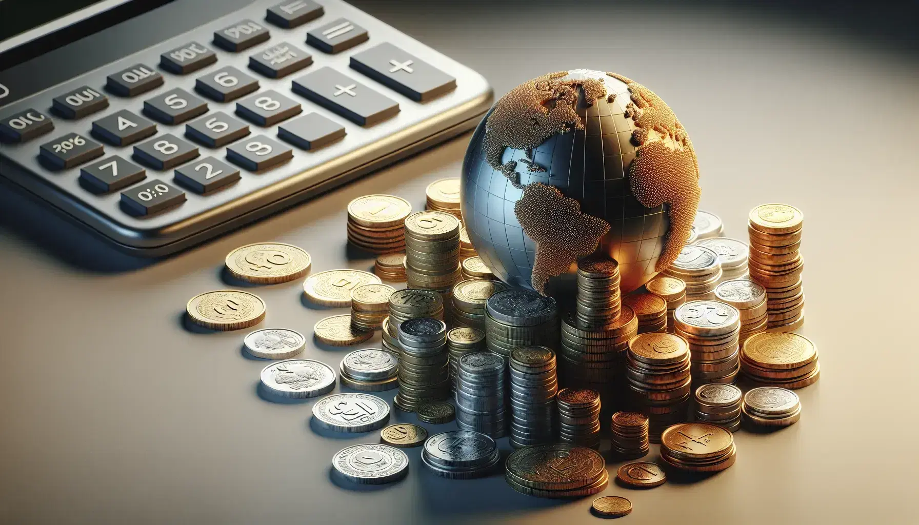 Monedas internacionales apiladas formando torres con un globo estilizado y una calculadora apagada en el fondo, simbolizando la economía global.