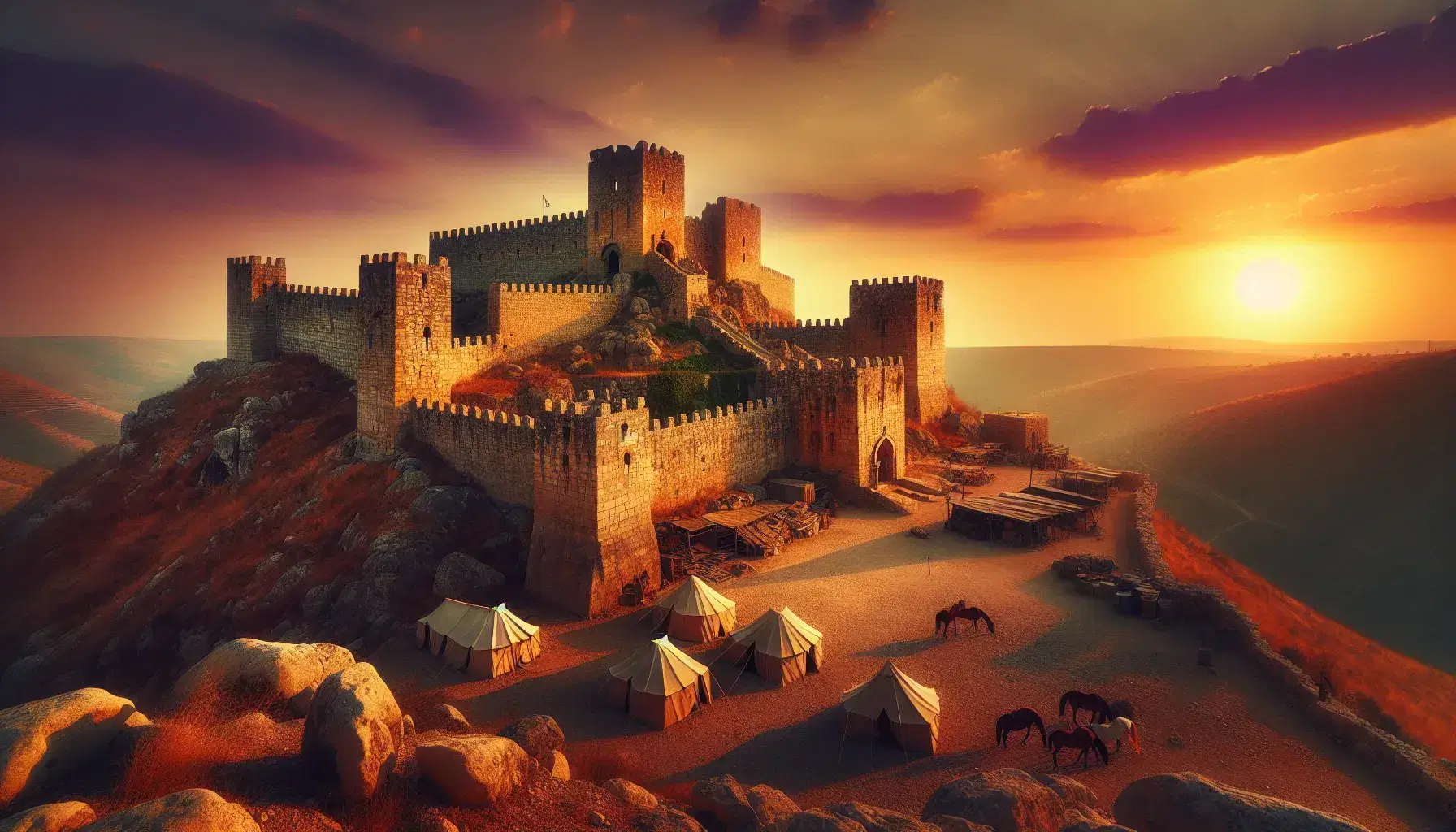 Medieval stone fortress atop a hill at sunset with golden light, surrounded by Crusader-style tents and grazing horses in a Levantine landscape.
