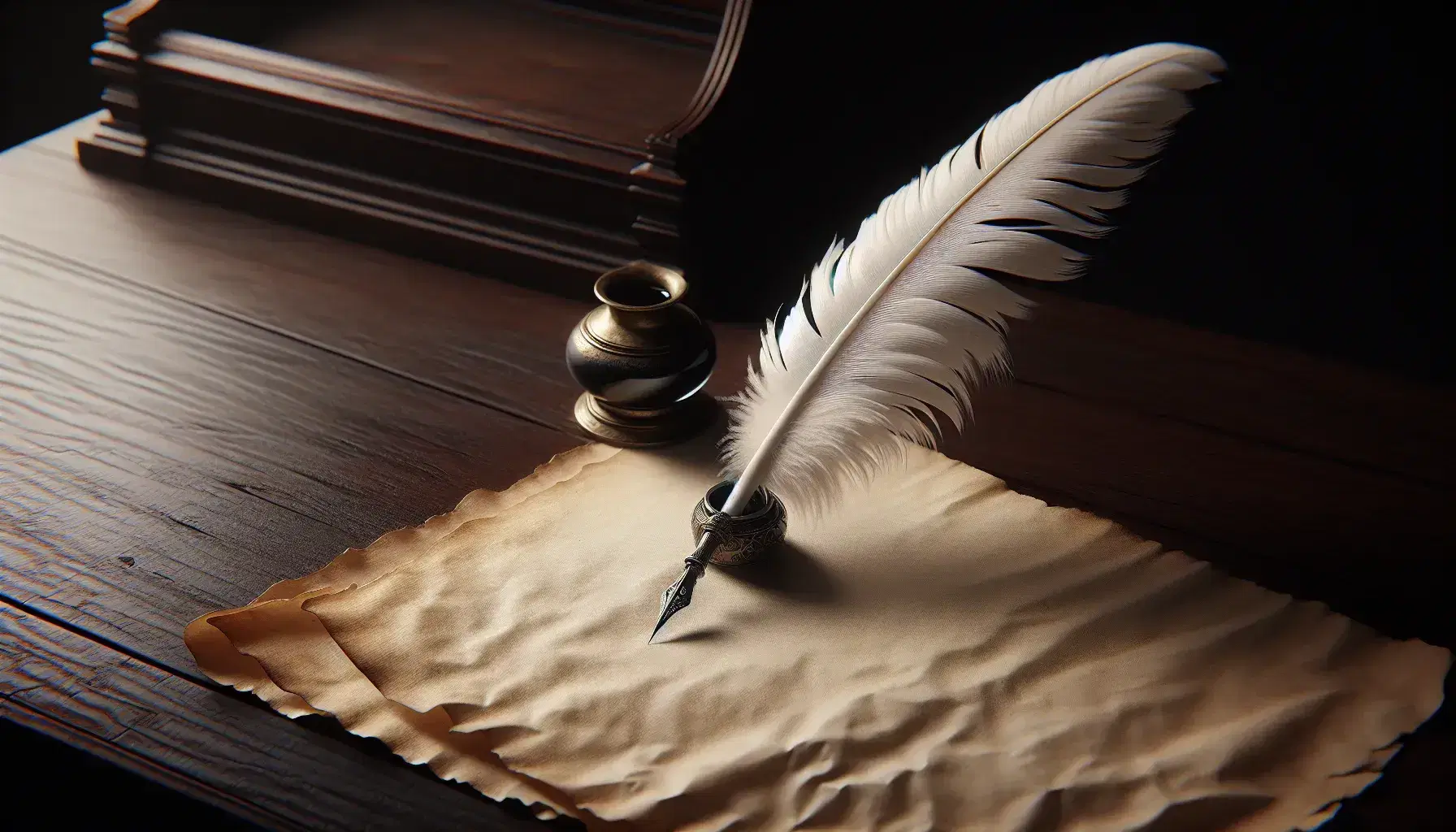 Quill pen on blank parchment with curled edge, beside a brass inkwell on a dark wooden desk, with a carved chair in the background.