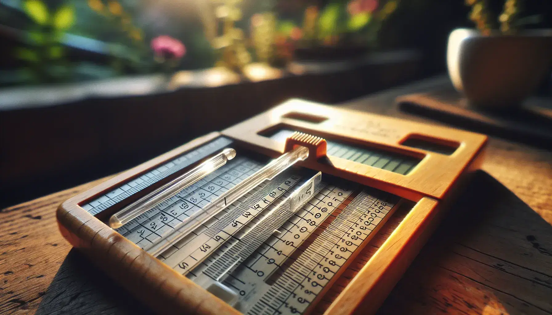 Close-up view of a vintage slide rule with a clear plastic cursor, set against a softly lit garden background, highlighting the detailed etched scales.