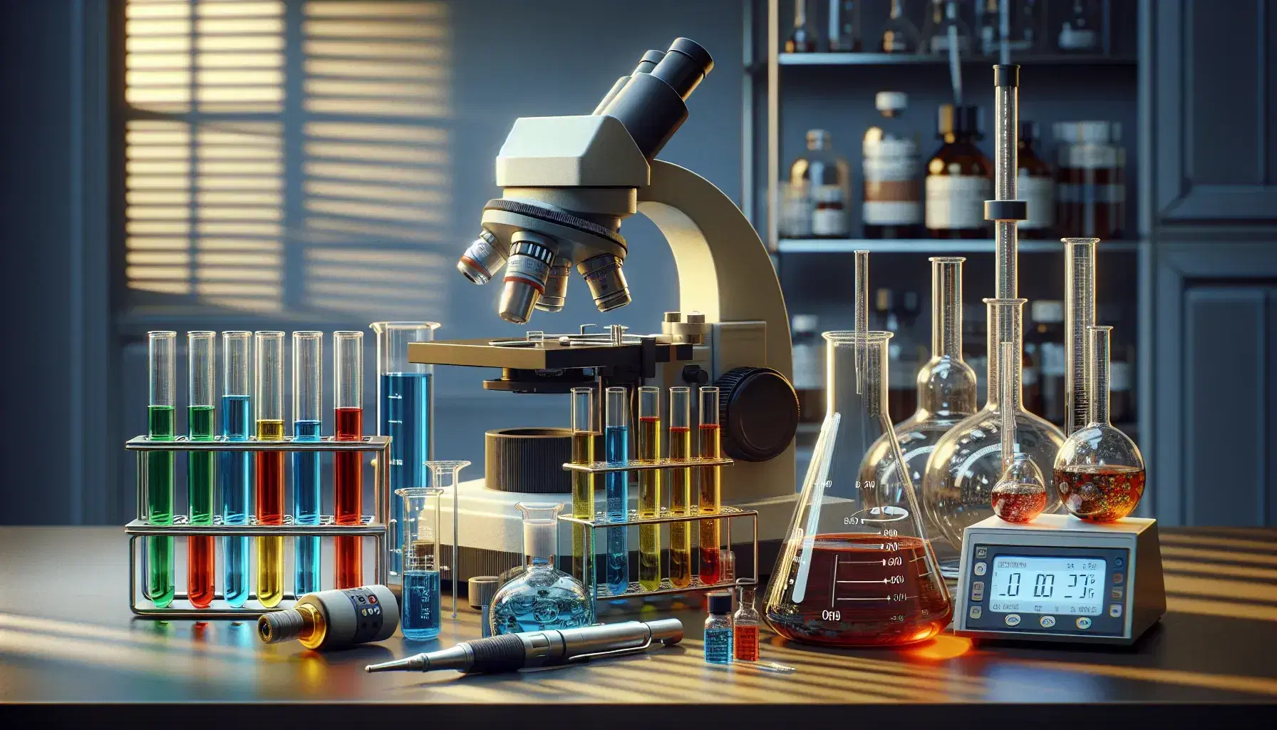Laboratorio químico con tubos de ensayo de colores, matraz Erlenmeyer, condensador de reflujo y microscopio compuesto en un entorno profesional.