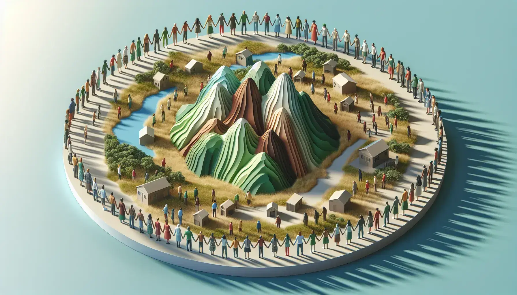 Grupo diverso de personas unidas de la mano alrededor de un modelo 3D de montañas y valles con miniaturas de casas, en un día soleado.