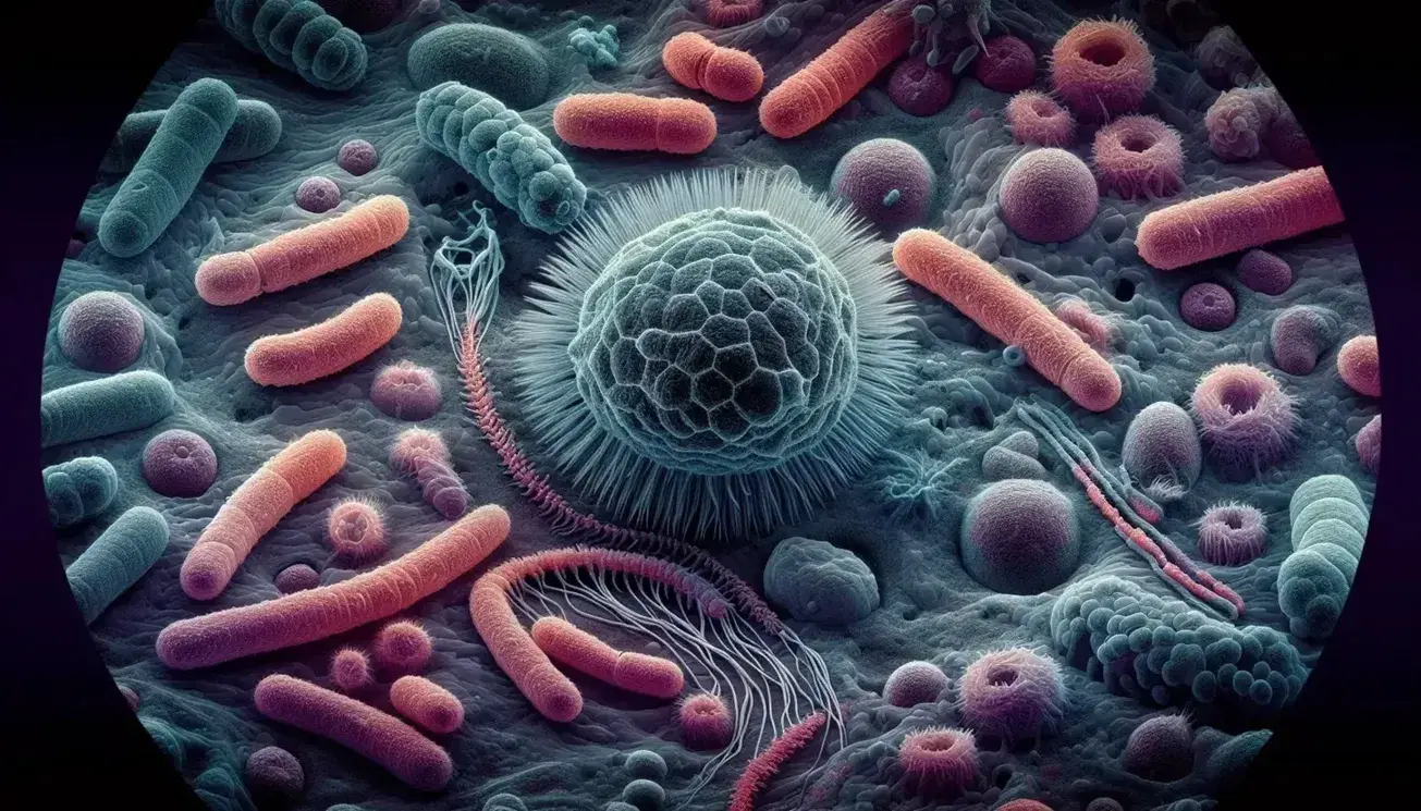 Vista microscópica de células bacterianas procariontes con tinción, mostrando formas esféricas, bacilos y espirales, algunas con flagelos y fimbrias.