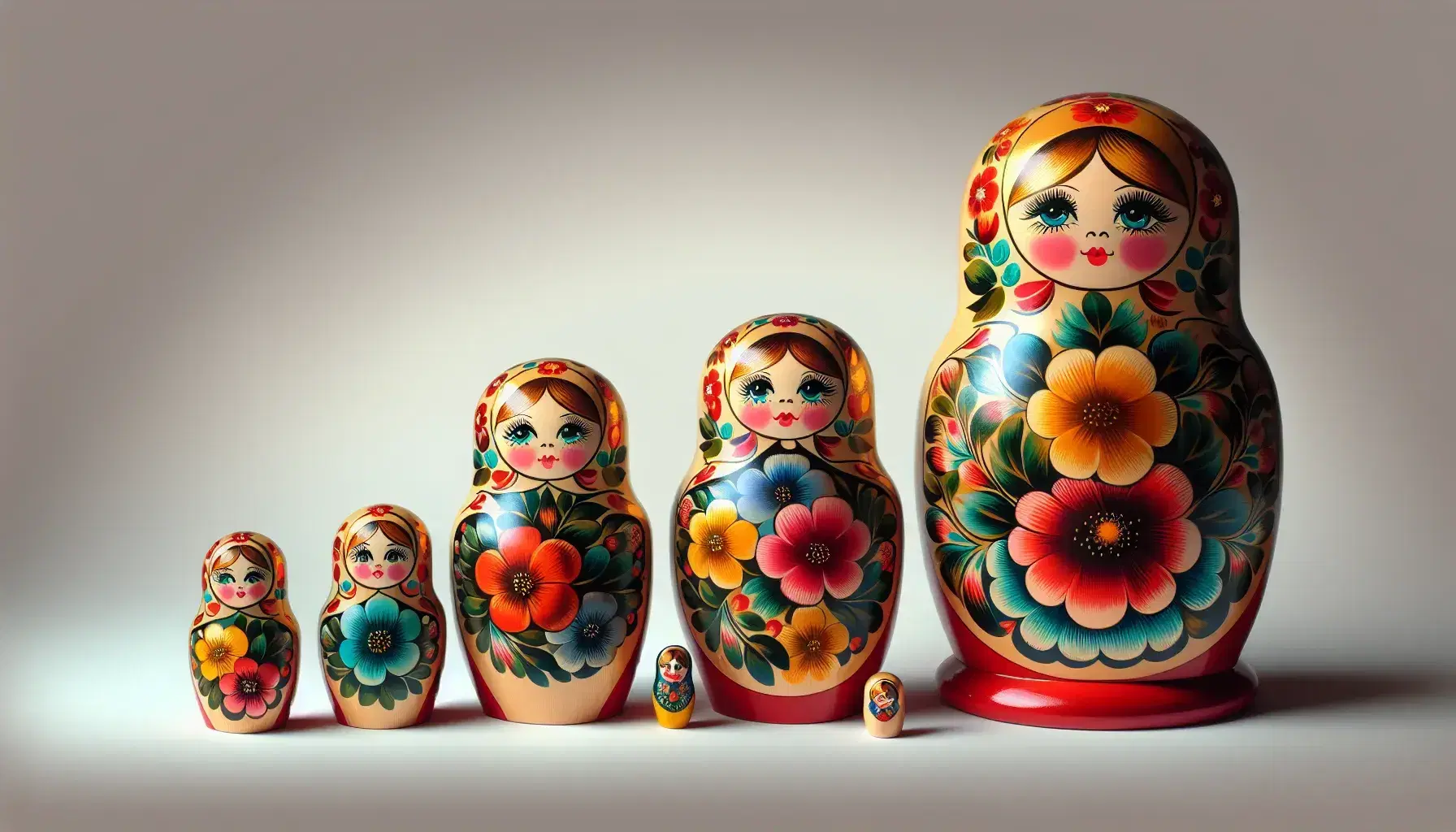Series of colorful Russian Matryoshka dolls in descending order, each opened to reveal the next, on a light background.