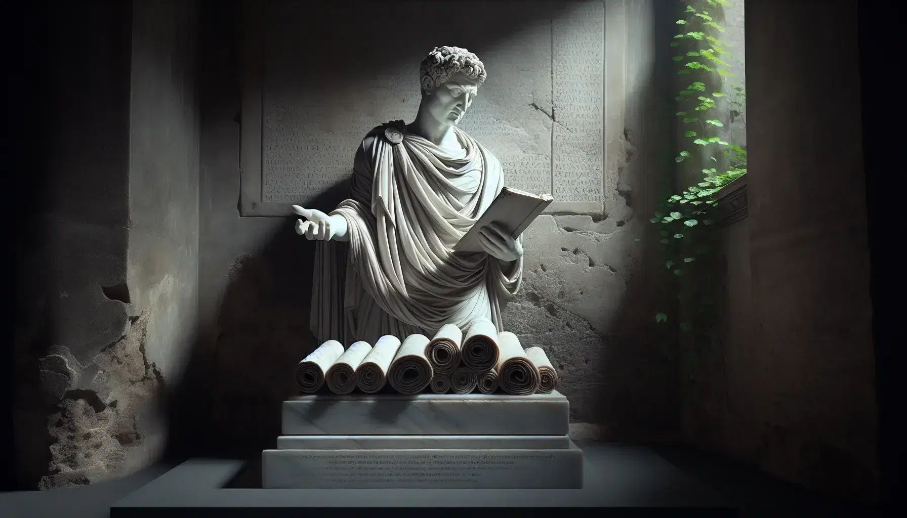 Statua marmorea di grammatico latino con toga e rotoli di papiro ai piedi, in posa didattica, su sfondo di muro antico con piante verdi.